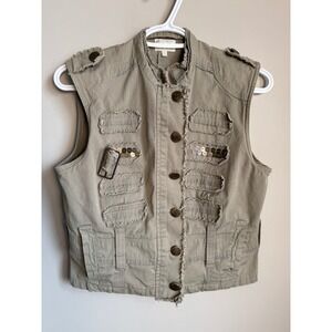Nice Concept Military Utility Vest Tan Sequin Raw Hem Cotton Women Medium Grunge
